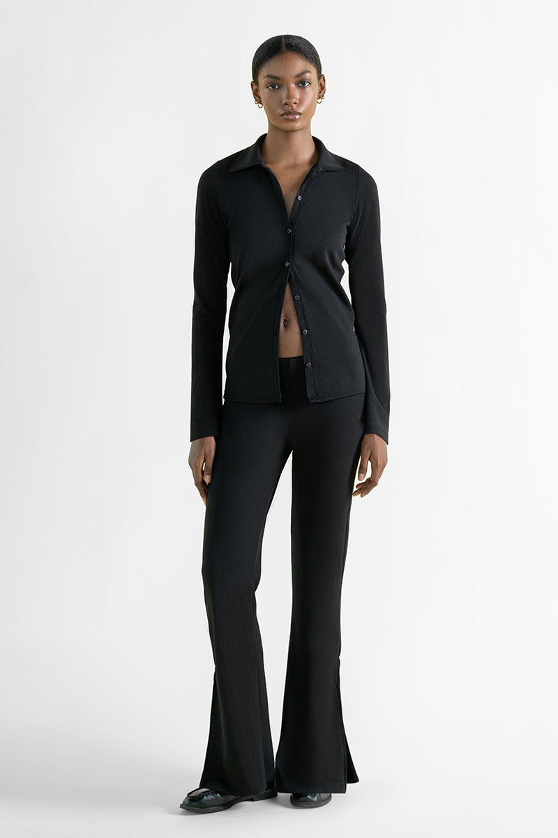 Ribbed Polo Top in Black — 2